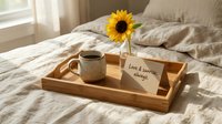 Cozy morning scene with coffee cup, sunflower and love note on wooden tray in bright bedroom for lifestyle and home decor concepts.