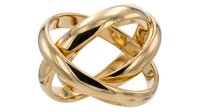 Golden metallic twisted knot sculpture with interlocking rings on white background, modern abstract decorative object for luxury interior design.