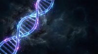 DNA double helix with glowing neon blue and purple light effects against dark stormy background, representing genetic science, biotechnology, and molecular research for medical and educational use.