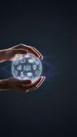Two hands cradling glowing sphere with education icons including books, gears, and learning symbols on dark background for knowledge, innovation, and digital learning concepts.