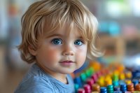 Young Caucasian child with bright blue eyes and blonde curly hair wearing light blue shirt, looking at camera with innocent expression near colorful toys in blurred background.