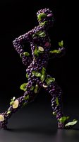 Running figure composed of purple grapes and green leaves on dark background, creative food art composition highlighting healthy lifestyle and fitness concept.