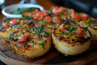 Grilled potato medallions garnished with fresh diced tomatoes and herbs served on wooden cutting board, perfect for food photography and restaurant menu presentation.