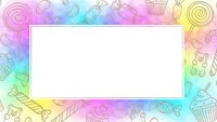 Colorful watercolor frame with hand-drawn candy and sweets doodles on rainbow gradient background. White space for text or design elements.