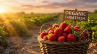 Fresh organic strawberries in wicker basket at sunset farm field with wooden sign, healthy natural produce for agriculture and food marketing concepts.