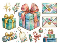 Festive gift boxes with decorative bows, wrapped presents, holiday envelopes, candy canes, and ornamental elements. Isolated clipart set for greeting cards, invitations, and seasonal designs.