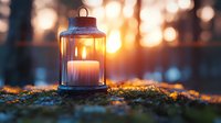 Glowing lantern with burning candle on mossy ground at sunset, creating magical atmosphere with golden bokeh lights in blurred forest background.