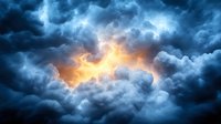 Dramatic storm clouds with glowing golden sunlight breaking through dark blue turbulent sky, creating ethereal atmospheric mood. Natural light phenomenon in cloudscape.