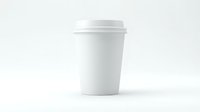 Blank white disposable coffee cup with lid on neutral background, suitable for branding, mockup, and packaging design projects.