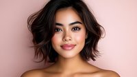 Young Asian woman with short wavy dark hair and natural makeup smiling confidently against pink background. Professional beauty portrait showing glowing skin and modern hairstyle.