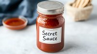 Red homemade sauce in glass jar with handwritten label on white table. Selective focus on mason jar with tomato-based condiment against blurred kitchen background.