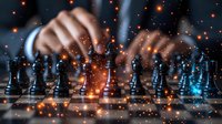 Strategic chess game with magical glowing particles and hands moving pieces on dark board, dramatic lighting creates mystical atmosphere for business concept.
