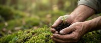 Male hands holding moss and soil in forest environment, suitable for environmental conservation, gardening, ecology, and sustainability concepts.