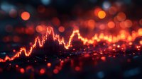 Glowing orange stock market chart line with bokeh light effects on dark background, financial data visualization for business analytics and trading.