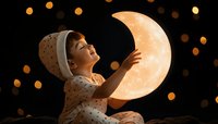 Young Caucasian girl in polka dot dress touching glowing crescent moon lamp against dark background with bokeh lights creating magical dreamy atmosphere.