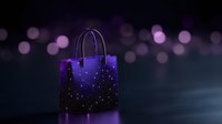 Glowing purple shopping bag with starry pattern against dark background with bokeh lights, creating magical retail atmosphere for luxury marketing.