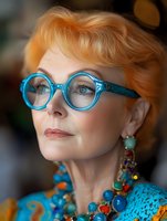 Elegant mature woman with ginger hair wearing bright blue round glasses, colorful statement jewelry and turquoise outfit against blurred background. Portrait captures aging gracefully.