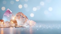 Glowing crystal quartz clusters on reflective surface with soft bokeh lights in blue background creating magical healing atmosphere and spiritual mood.