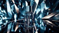 Luxury glass dropper bottle on dark crystal background with dramatic lighting and reflections. Premium cosmetic packaging for skincare serum or essential oil.