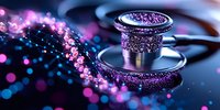 Glowing purple and blue bokeh lights surround metallic stethoscope on dark background, creating magical medical atmosphere with sparkling particles and reflections.