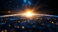 Dramatic sunrise over Earth horizon from space with glowing city lights below and starry sky above, creating atmospheric perspective view of planet surface.