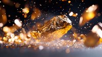 Amber crystal shard floating in dark space with golden bokeh lights and sparkling water drops, dramatic macro photography with motion blur effect.