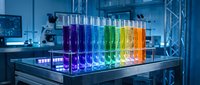 Row of colorful test tubes with rainbow liquids in modern laboratory for scientific research and chemical analysis experiments.