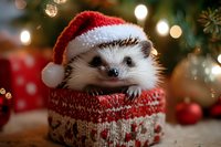 Adorable hedgehog wearing Santa hat and knitted sweater sits among Christmas decorations with warm bokeh lights creating festive holiday atmosphere.