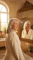 Happy mature Caucasian woman in white bathrobe smiling at ornate mirror reflection in luxury bathroom with golden sunlight and floating particles.