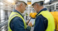 Two senior male engineers in safety helmets and high-visibility vests discussing project plans on tablet in modern industrial facility with machinery.