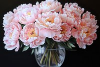 Lush pink peonies in full bloom arranged in clear glass vase against dark background, showcasing delicate petals and fresh green stems. Elegant floral composition.