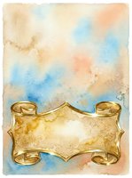 Watercolor vintage gold banner with ribbon scrolls on textured background, suitable for greeting cards, invitations, and decorative design projects.