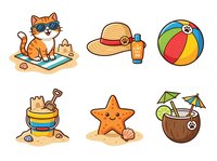 Cute cat relaxing on beach towel with sunglasses, straw hat, beach ball, sand bucket with toys, starfish and tropical coconut drink isolated on white background for summer designs.