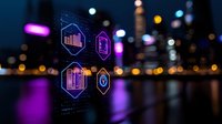 Futuristic holographic business analytics interface with glowing icons floating over blurred city lights and water reflections at night. Purple and blue neon elements.
