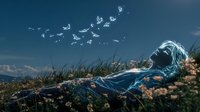 Young woman in blue dress lying in meadow with glowing butterflies flying above, dreamy atmosphere against dark blue sky, magical nature fantasy scene.