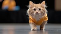 Ginger cat wearing yellow sweater walking on reflective surface against dark background, soft focus portrait of fluffy feline pet with attentive expression.