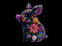Decorative floral pig silhouette with colorful blooming flowers pattern on black background, folk art style design for fabric prints and wall decor.