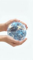 Hands protecting glowing digital Earth globe with network connections representing global communication, technology and environmental protection concepts.