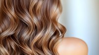 Luxurious wavy brown hair with blonde highlights and soft curls styled in modern beach waves against light background, showcasing professional hairstyling technique.