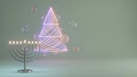 Modern neon Christmas tree with geometric wireframe design and traditional menorah creating festive holiday atmosphere with floating soap bubbles.