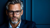 Mature man with gray hair and beard wearing eyeglasses and dark blazer against blue background, suitable for corporate, professional, and business-related projects.