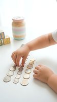 Child learning to count coins and save money with piggy bank and wooden blocks on white surface.