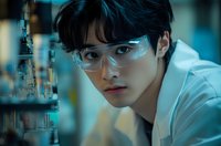 Young Asian male scientist in protective eyewear working in research laboratory with experimental equipment, dramatic blue lighting creates professional atmosphere.