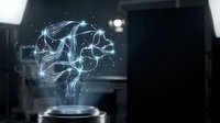 Digital brain hologram glowing with electric blue light on futuristic platform, representing artificial intelligence, neural networks, and advanced technology innovation.