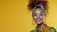 Young African American woman with curly hair in updo and headband smiling confidently against yellow background wearing colorful ethnic pattern dress and hoop earrings.