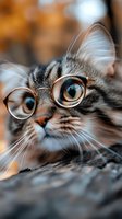 Adorable tabby kitten wearing round glasses with curious expression and bright blue eyes looking up outdoors in warm autumn light for pet care concepts.