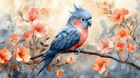 Watercolor parrot perched on blooming branch with coral flowers, soft blue and peach tones create dreamy atmosphere for nature and wildlife art.