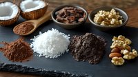 Raw ingredients for homemade chocolate making arranged on dark slate board including cocoa powder, coconut flakes, nuts, and chocolate chunks for confectionery.
