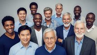 Diverse group of professional men of different ages and ethnicities smiling together in business casual attire for corporate teamwork and leadership concepts.