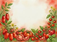 Watercolor illustration of fresh red tomatoes and cherry tomatoes with green leaves and yellow flowers arranged as a decorative border on cream background, suitable for recipe cards, menus, and culinary designs.